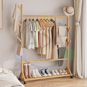 ada premium bamboo wooden clothes stand for bedroom  coat hanger rack with bag holder hooks wheels amp pant hanger  dress display shelf  coat stand garment rack for clothes 110 x 35 x 155 cm