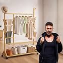 ADA Premium Bamboo Wooden Clothes Stand for Bedroom | Coat Hanger Rack with Bag Holder Hooks, Wheels &amp; Pant Hanger | Dress Display Shelf | Coat Stand Garment Rack for Clothes (110 x 35 x 155) CM