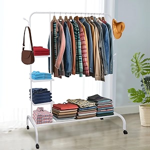 ada metal premium clothes rack freestanding coat rack with bottom shelf amp hooks functional bedroom garment rack coat stand mobile coat tree hanger stand for clothes bags - white - 150 x 43 x 154cm