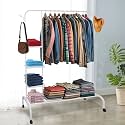 ADA Metal Premium Clothes Rack, Freestanding Coat Rack with Bottom Shelf & Hooks, Functional Bedroom Garment Rack Coat Stand Mobile Coat Tree Hanger Stand for Clothes Bags - White - 150 x 43 x 154cm