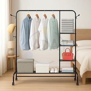 ada premium double rod clothing racks for hanging clothes heavy duty garment rack with bottom shelves closet wardrobe clothes rack with wheels for dresses coats shirts - black - 84 x 30 x 151cm