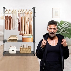 ada premium high density drizzle metal garment rack with 10 side hooks and 2 lower shelves  heavy duty multifunctional clothes rack - black 83 x 30 x 137cm