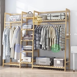 ada bamboo dual rail clothes hanging stand double rod garment rack with storage space freestanding open wardrobe for bedroom coats dresses shirts amp bags 160 x 37 x 141 cm