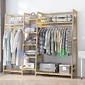 ADA Bamboo Dual Rail Clothes Hanging Stand, Double Rod Garment Rack with Storage Space, Freestanding Open Wardrobe for Bedroom, Coats, Dresses, Shirts &amp; Bags, 160 x 37 x 141 cm
