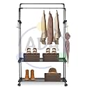 ADA ® Premium Heavy Duty Metal Dual Layer Garment Rack on Wheels, Multifunctional Clothes Rail with 10 Side Hooks and 2 Lower Shelves - Black (83 x 31 x 156cm)
