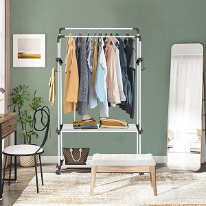 ada  premium high density metal dual layer drizzle garment rack with 2-tier clothes rail with 10 side hooks - white 84 x 30 x 155cm