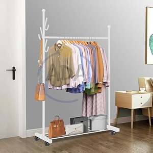 ada premium metal clothes hanging stand with 5 side hooks amp 1 bottom shelf multifunctional movable single rod coat rack for bedroom livingroom hallway laundry - white 83 x 425 x 173cm