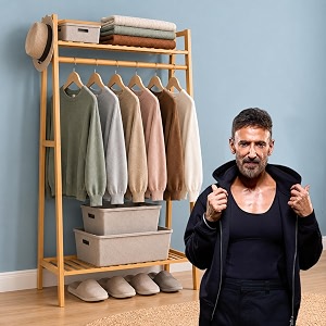 ada bamboo clothes hanging stand with hanging rail top shelf shoe rack amp 2 side hooks freestanding garment organizer for bedroom coats bags amp shoes 100 x 40 x 140 cm