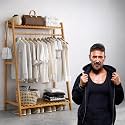 ADA® Premium Natural Bamboo Cloth Stand With Rack, Top Shelf &amp; Shoe Stand With 2 Hook Clothing Storage Organizer Shelves For Hallway, Living Room, Guest Room (80 x 40 x 140cm)