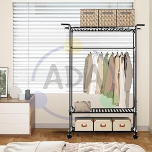 ada metal premium rolling garment rack with wheels large heavy duty clothing rack with 3 tier shelves multipurpose garment rack for laundry bedroom amp bathroom-dark black 99x32 x139cm