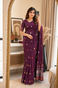 Adakara Embroidered Banarasi Linen Saree Purple