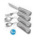 Adaptive Utensils (4-Piece Set) Weighted 5 oz - 42° Angled Utensils for Parkinson's Patients, Hand Tremors, Arthritis & Elderly - Eating Utensils for Elderly (Grey: Right Handed)