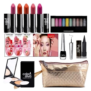 adbeni combo makeup set 10-color eyeshadoweyeliner lip balm 3pcs kajalcompact powderlipstick amp gold makeup pouch pack of 13