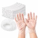 ADBENI Premium Disposable Bouffant Cap & Clear Plastic Gloves Combo | Non Woven Hair Net + Transparent Gloves | For Food Handling, Kitchen, Salon, Spa, Industries, Home & Professional Use