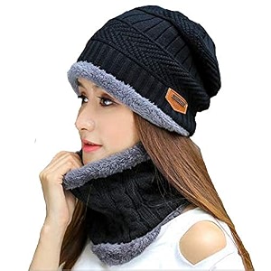 adbucks snow proof inside fur wool unisex beanie cap with neck warmer set for men amp women