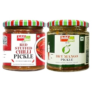 add me homemade dry mango pickle 300gm  red stuffed pickle bharwa lal mirch 300gm glass pack