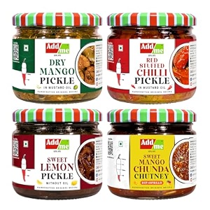 add me pickle box combo pack 4in1 red chilli pickle 300gm dry mango pickle 300gm sweet mango jeera chutney chunda 350gm sweet lemon pickle 350grm gift pack of 4 glass jar