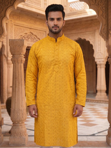 ADHIRAJAN Embroidered Cotton Blend Straight Kurta for