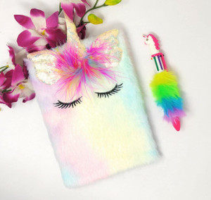 adi traderss unicorn feather diary with unicorn fur pen for girls a4 diary 100 pages pack of 2 100 pages multicolor pack of 2