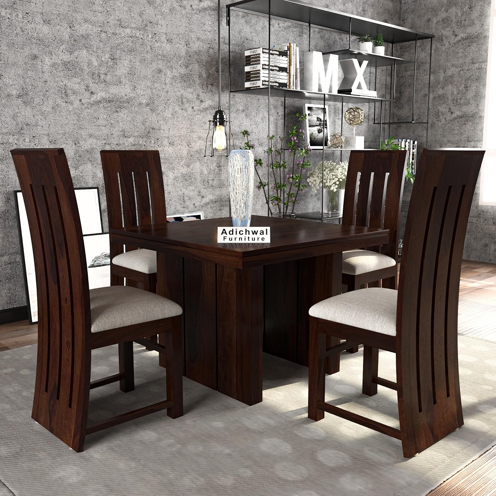 Solid Sheesham Wood 4 Seater Dining Table Set with Cushioned Chairs for ...