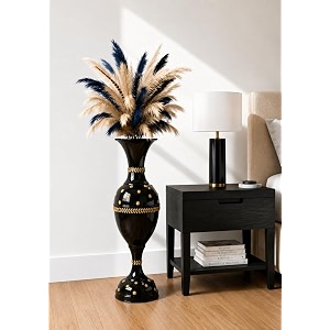 adicollar black metal flower vase for living room corner - 24 inch floor vase 2 feet long with gold leaf accents modern decorative items for home bedroom corner decoration black