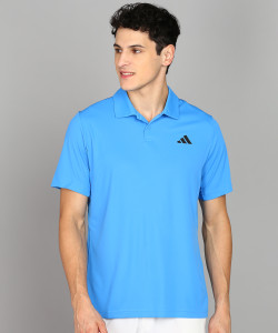 adidas solid men polo neck blue t-shirt