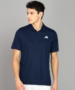 adidas solid men polo neck blue t-shirt