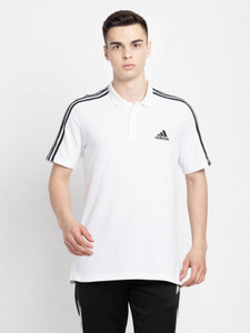 ADIDAS Striped Men Polo Neck White T-Shirt