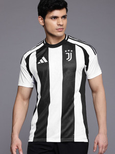ADIDAS Striped Men Round Neck White T-Shirt
