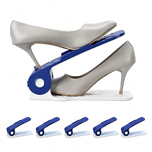aditya polymers adjustable shoe organizer slot pack of 12 blue amp white  double-deck space saver  plastic footwear holder amp stacker for wardrobe closet cabinet amp shoe rack