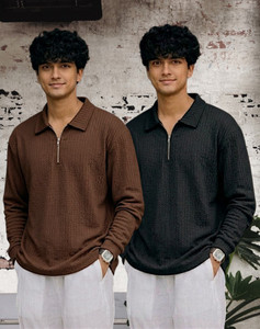 ADIXUS Self Design Men Zip Neck Brown