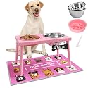 Adjustable Elevated Dog Bowl Stand with Slow Feeder, 2 x 58oz Stainless Steel Bowls, Raised Food and Water Holder for Medium and Large Dogs, Pink