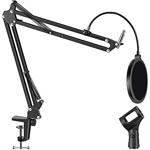adjustable microphone boom arm stand with pop filter desk clamp mount black includes mic clip