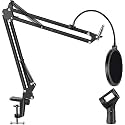 Adjustable Microphone Boom Arm Stand with Pop Filter, Desk Clamp Mount, Black, Includes Mic Clip