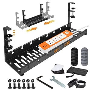 adjustable under desk cable organizer tray metal cable management rack 285-55 cm holder for power strip extension cord amp network cables- black