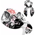 Adjustable Watercolor Pattern Skull and Flowers Women Bouffant Cap with Buttons Scrub Hat for Woman