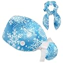 Adjustable Winter Blue Snowflake Surgical Scrub Cap with Button, Ponytail Pouch, Sweatband for Women with Bow Hair Scrunchy