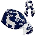Adjustable Winter Blue Snowflake Surgical Scrub Cap with Button, Ponytail Pouch, Sweatband for Women with Bow Hair Scrunchy