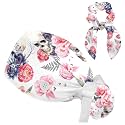 Adjustable Winter Blue Snowflake Surgical Scrub Cap with Button, Ponytail Pouch, Sweatband for Women with Bow Hair Scrunchy