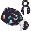 Adjustable Winter Blue Snowflake Surgical Scrub Cap with Button, Ponytail Pouch, Sweatband for Women with Bow Hair Scrunchy