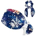 Adjustable Winter Blue Snowflake Surgical Scrub Cap with Button, Ponytail Pouch, Sweatband for Women with Bow Hair Scrunchy