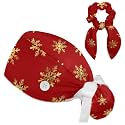 Adjustable Winter Blue Snowflake Surgical Scrub Cap with Button, Ponytail Pouch, Sweatband for Women with Bow Hair Scrunchy