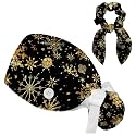 Adjustable Winter Blue Snowflake Surgical Scrub Cap with Button, Ponytail Pouch, Sweatband for Women with Bow Hair Scrunchy