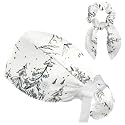 Adjustable Winter Blue Snowflake Surgical Scrub Cap with Button, Ponytail Pouch, Sweatband for Women with Bow Hair Scrunchy
