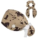 Adjustable Winter Blue Snowflake Surgical Scrub Cap with Button, Ponytail Pouch, Sweatband for Women with Bow Hair Scrunchy