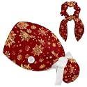 Adjustable Winter Blue Snowflake Surgical Scrub Cap with Button, Ponytail Pouch, Sweatband for Women with Bow Hair Scrunchy
