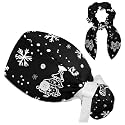 Adjustable Winter Blue Snowflake Surgical Scrub Cap with Button, Ponytail Pouch, Sweatband for Women with Bow Hair Scrunchy