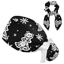 Adjustable Winter Blue Snowflake Surgical Scrub Cap with Button, Ponytail Pouch, Sweatband for Women with Bow Hair Scrunchy