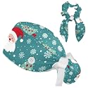 Adjustable Winter Blue Snowflake Surgical Scrub Cap with Button, Ponytail Pouch, Sweatband for Women with Bow Hair Scrunchy