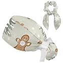 Adjustable Winter Blue Snowflake Surgical Scrub Cap with Button, Ponytail Pouch, Sweatband for Women with Bow Hair Scrunchy